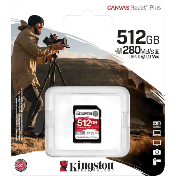 Карта памяти Kingston SDXC 512GB Canvas React Plus UHS-II 280R/150W U3 V60 for Full HD/4K (SDR2V6/512GB)