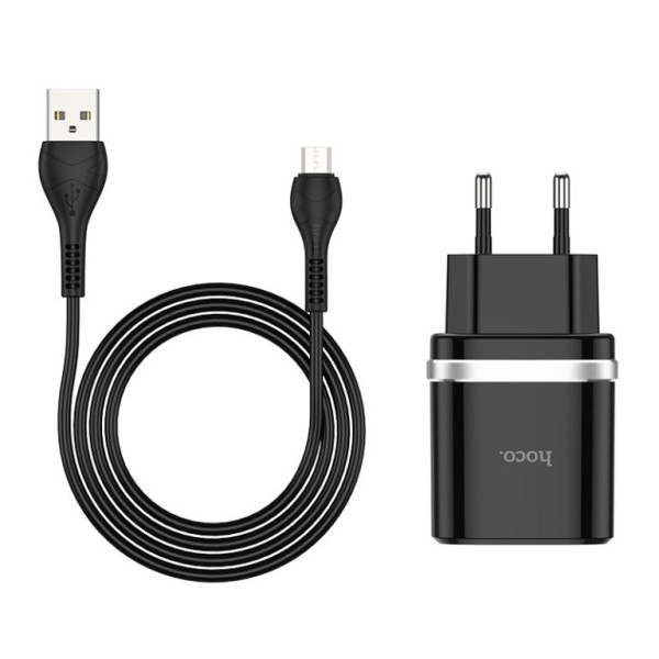 Сетевое зарядное устройство с кабелем HOCO C12Q Smart QC3.0 charger set (Micro) 18W Black