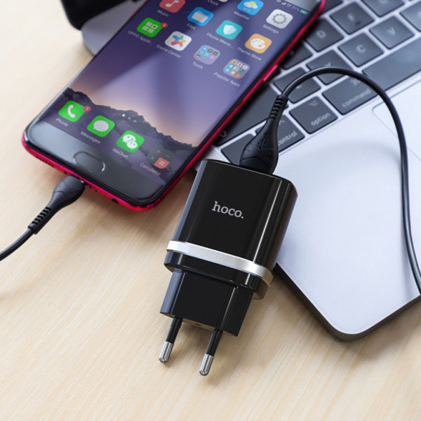 Сетевое зарядное устройство с кабелем HOCO C12Q Smart QC3.0 charger set (Micro) 18W Black