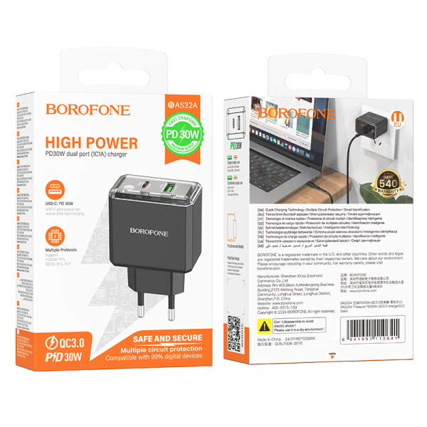 Сетевое зарядное устройство BOROFONE BAS32A Treasure PD30W+QC3.0 charger(EU) Black