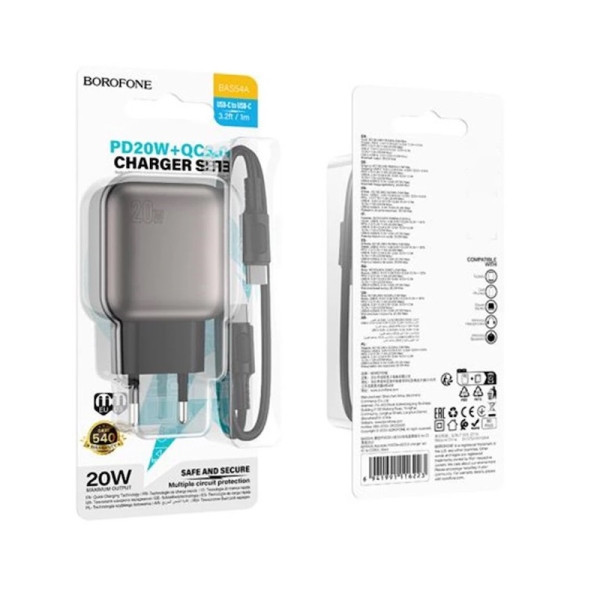 Сетевое зарядное устройство с кабелем BOROFONE BAS54A Absolute PD20W+QC3.0 charger (EU) Black