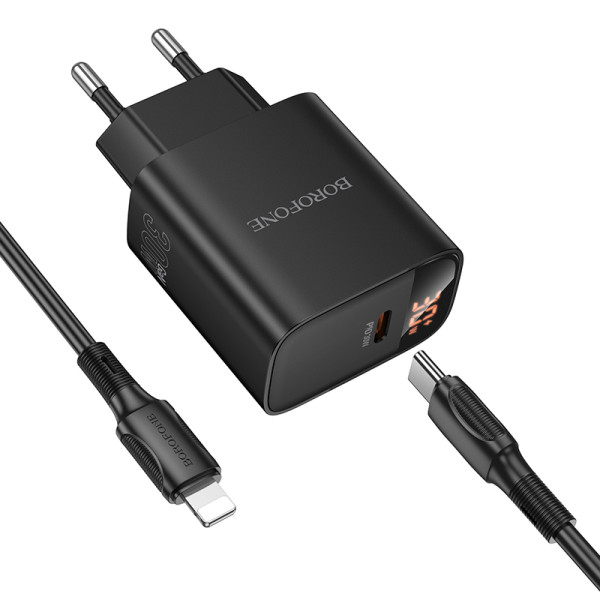 Сетевое зарядное устройство с кабелем BOROFONE BA97A Ilustre single-port PD30W charger with digital display set (C to iP) (EU) Black
