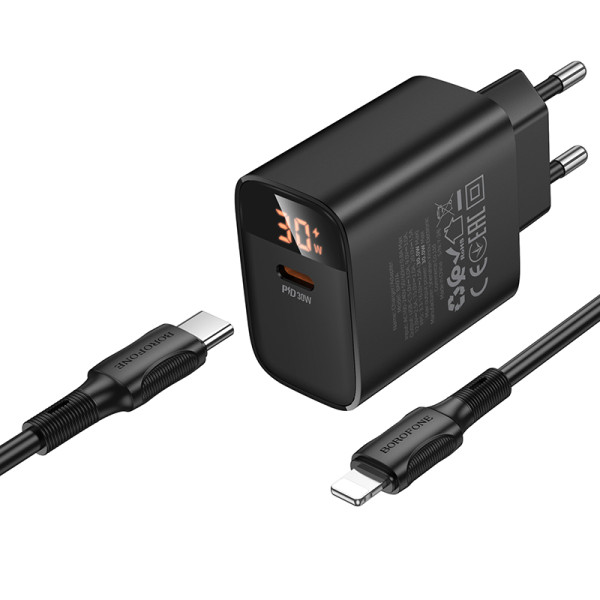 Сетевое зарядное устройство с кабелем BOROFONE BA97A Ilustre single-port PD30W charger with digital display set (C to iP) (EU) Black