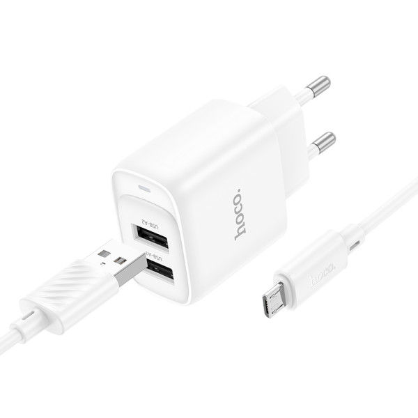 Сетевое зарядное устройство с кабелем HOCO C141A Smart dual-port charger set(Micro) White