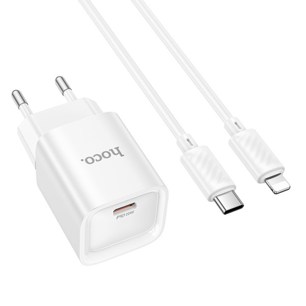Сетевое зарядное устройство с кабелем HOCO C146A Charm single port PD20W charger set (C to iP) (EU) White