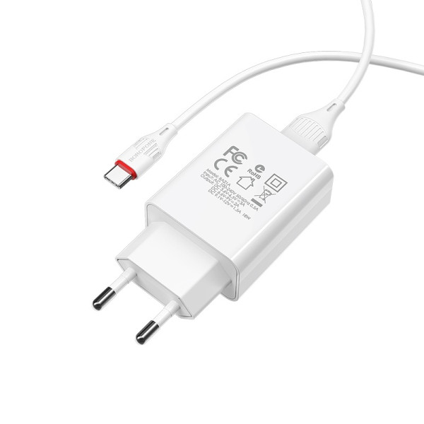 Сетевое зарядное устройство с кабелем BOROFONE BA21A Long journey single port QC3.0 charger set(Type-C) 18W White