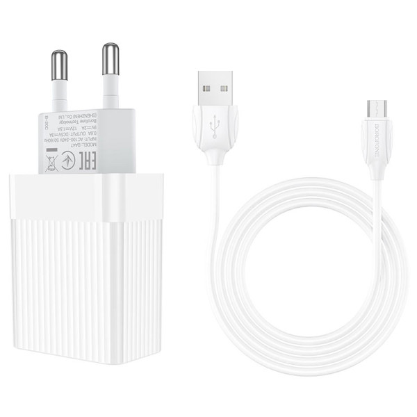 Сетевое зарядное устройство с кабелем BOROFONE BA47A Mighty speed single port QC3.0 3A + Micro-USB cable 18W White