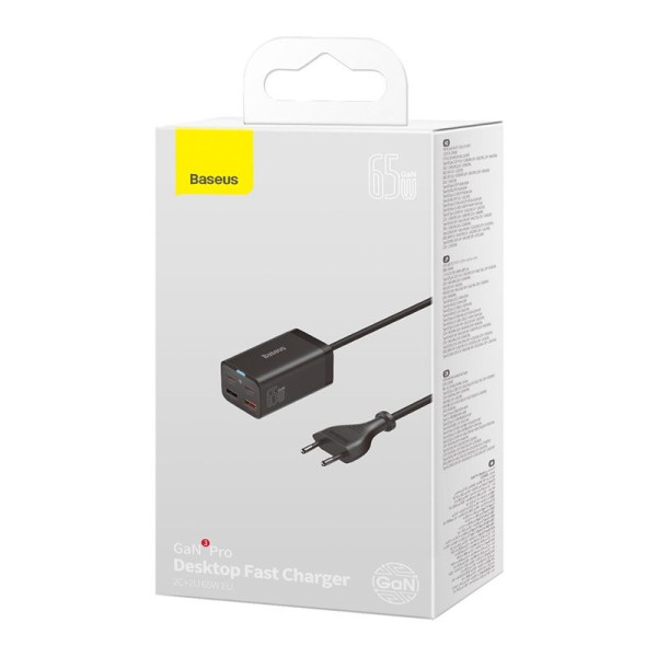 Мережевий зарядний пристрій з кабелем Baseus GaN3 Pro Desktop Fast Charger 2C+2U 65W (кабель Type-C до Type-C 100W (20V/5A) 1 м) Чорний