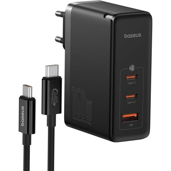 Мережевий зарядний пристрій із кабелем Baseus GaN5 Pro Digital Fast Charger 2C+U 160W Cluster Black (З високоякісним кабелем для зарядки та передачі даних C до C)