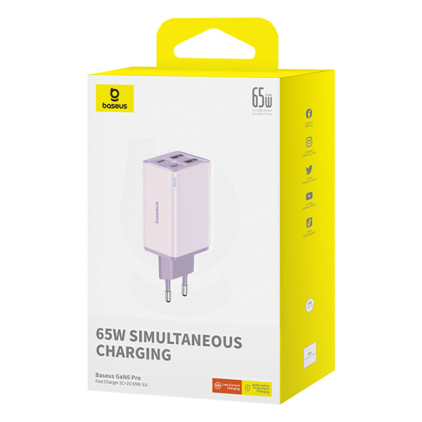 Мережевий зарядний пристрій Baseus GaN6 Pro Fast Charger 2C+2U 65 Вт ЄС Star Purple(У комплекті: міні-білий кабель Type-C до Type-C 100 Вт (20 В/5 А) 1 м Star Purple）