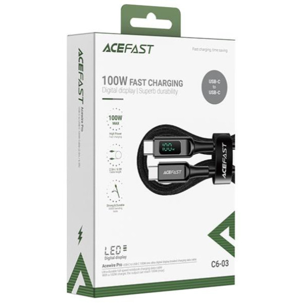 Кабель ACEFAST C6-03 Type-C до Type-C 5A, 100W, 2 м, нейлон, цинкові роз'єми, цифровий дисплей, чорний