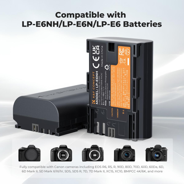 Набор K&F Concept LP-E6NH (2 аккумулятора 2600mAh + зарядное устройство) — совместимо с Canon EOS R7, R6, R5, 5D Mark II/III/IV, 6D/6D Mark II, 7D Mark II, 90D, 80D, 70D (KF28.0098)