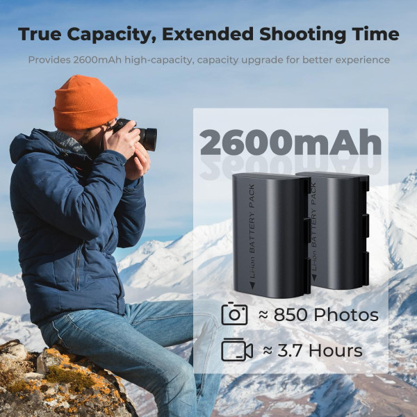 Набор K&F Concept LP-E6NH (2 аккумулятора 2600mAh + зарядное устройство) — совместимо с Canon EOS R7, R6, R5, 5D Mark II/III/IV, 6D/6D Mark II, 7D Mark II, 90D, 80D, 70D (KF28.0098)