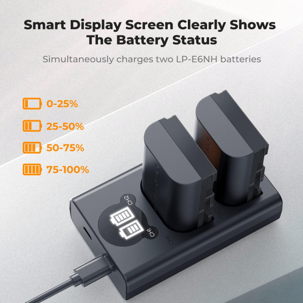 Набор K&F Concept LP-E6NH (2 аккумулятора 2600mAh + зарядное устройство) — совместимо с Canon EOS R7, R6, R5, 5D Mark II/III/IV, 6D/6D Mark II, 7D Mark II, 90D, 80D, 70D (KF28.0098)