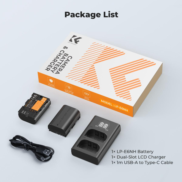Набор K&F Concept LP-E6NH (2 аккумулятора 2600mAh + зарядное устройство) — совместимо с Canon EOS R7, R6, R5, 5D Mark II/III/IV, 6D/6D Mark II, 7D Mark II, 90D, 80D, 70D (KF28.0098)