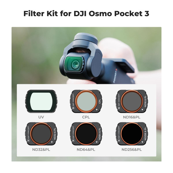 Набор светофильтров K&F Concept для DJI Osmo Pocket 3 — магнитный комплект UV + CPL + ND/PL (6 фильтров: UV, CPL, ND16&PL, ND32&PL, ND64&PL, ND256&PL), многослойное HD покрытие (SKU.2149)