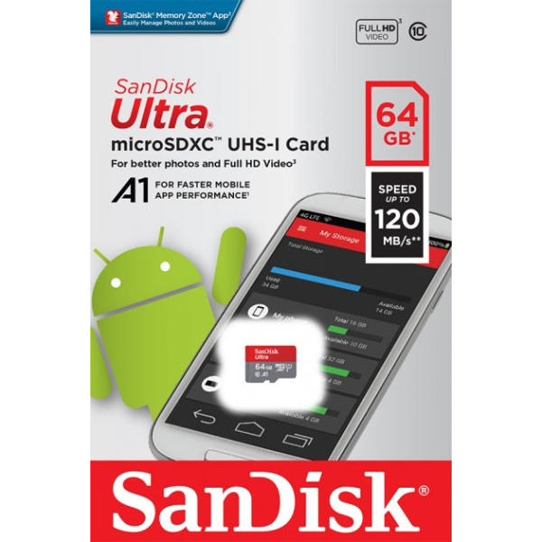 Карта пам'яті microSDXC (UHS-1) SanDisk Ultra 64 Гб класу 10 A1 (120 Мб/с)