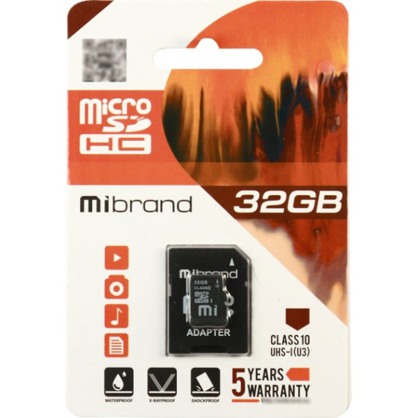 Карта памяти microSDHC (UHS-1 U3) Mibrand 32Gb class 10 (adapter SD)