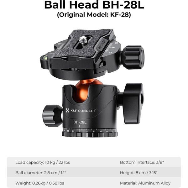 Штатив K&F Concept T255A4+BH-28L с шаровой головкой и съемным моноподом max 10кг, h 170см (KF09.085V7)