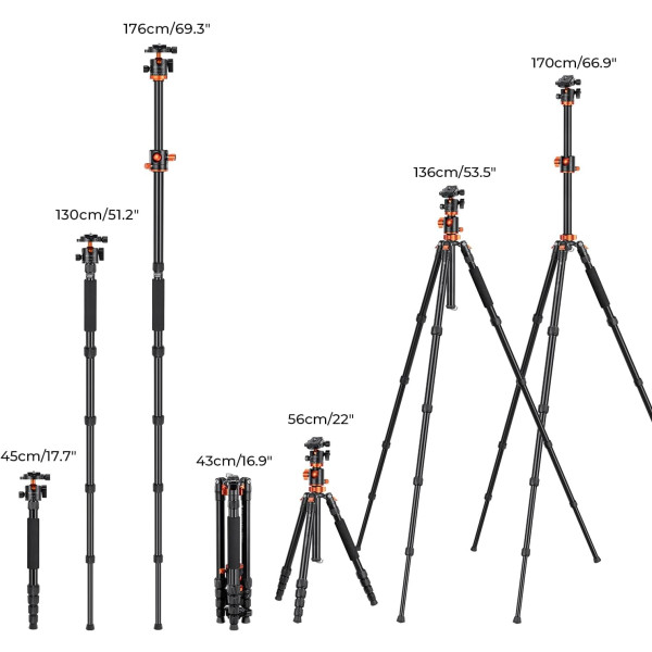 Штатив K&F Concept T255A4+BH-28L с шаровой головкой и съемным моноподом max 10кг, h 170см (KF09.085V7)