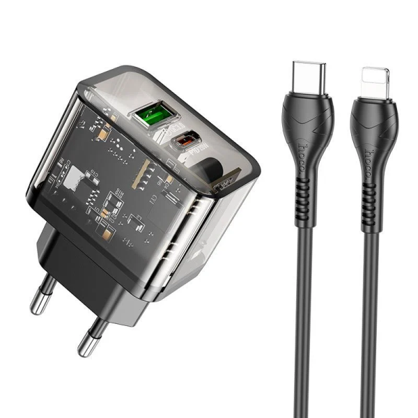 Сетевое зарядное устройство с кабелем HOCO N34 Dazzling dual-port PD20W+QC3.0 charger set (C to iP) Transparent Black