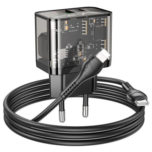 Сетевое зарядное устройство с кабелем HOCO N34 Dazzling dual-port PD20W+QC3.0 charger set (C to iP) Transparent Black