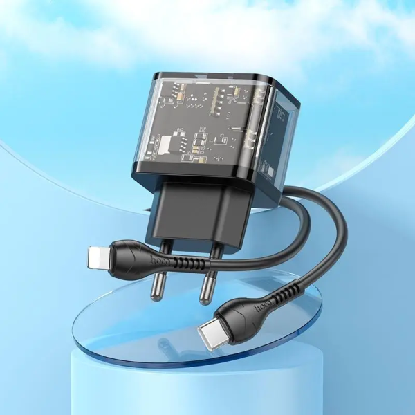 Сетевое зарядное устройство с кабелем HOCO N34 Dazzling dual-port PD20W+QC3.0 charger set (C to iP) Transparent Black