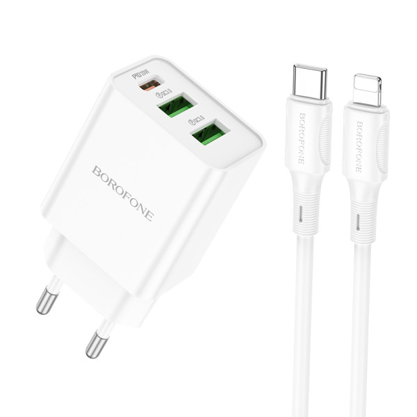 Сетевое зарядное устройство с кабелем BOROFONE BA70A Quick three-port PD20W(1C2A) charger set (C to iP) White