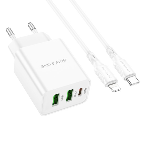 Сетевое зарядное устройство с кабелем BOROFONE BA70A Quick three-port PD20W(1C2A) charger set (C to iP) White