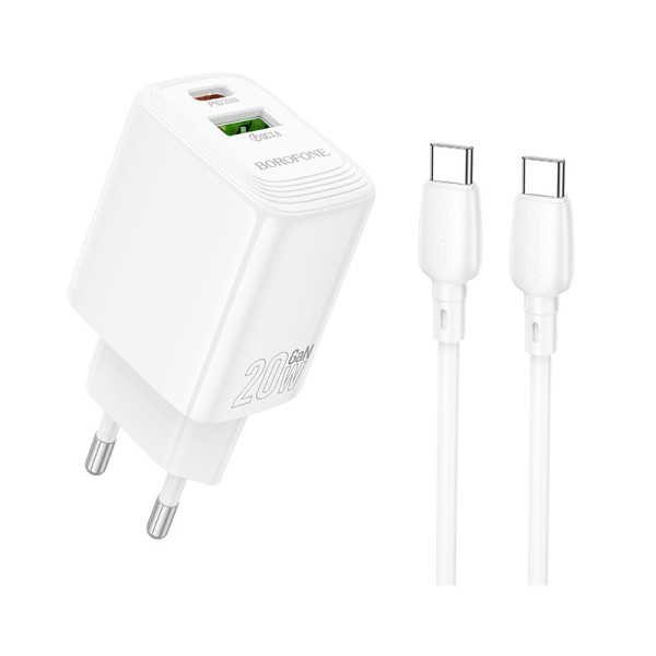 Сетевое зарядное устройство с кабелем BOROFONE BN27 Fuente PD20W+QC3.0 charger set (C to C) (EU) White