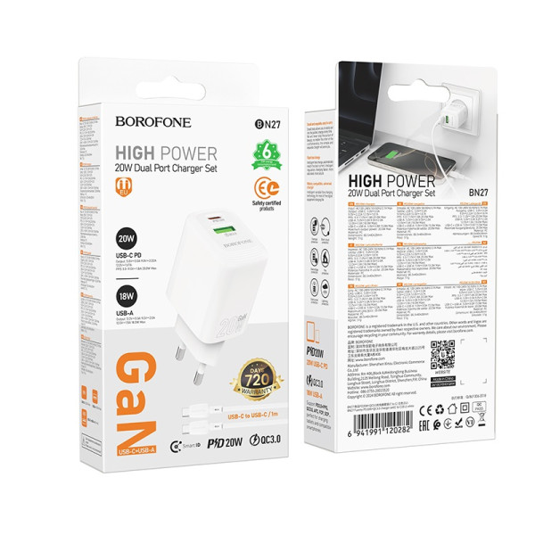 Сетевое зарядное устройство с кабелем BOROFONE BN27 Fuente PD20W+QC3.0 charger set (C to C) (EU) White
