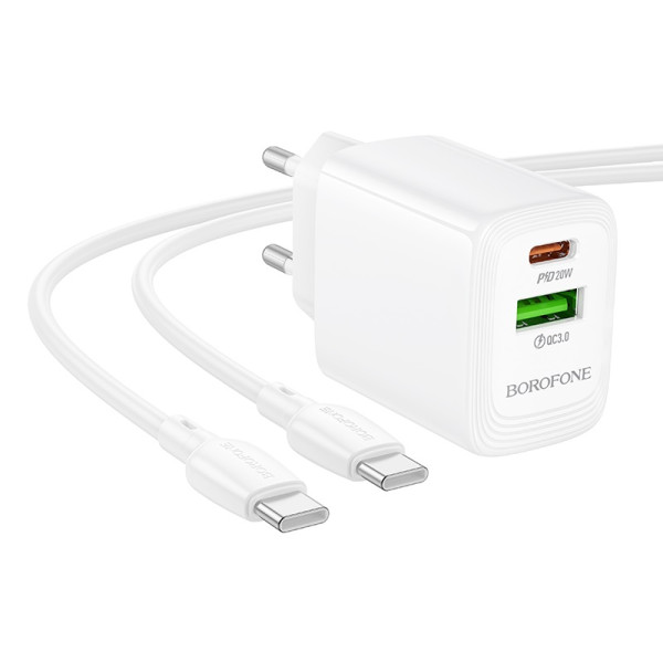Сетевое зарядное устройство с кабелем BOROFONE BN27 Fuente PD20W+QC3.0 charger set (C to C) (EU) White