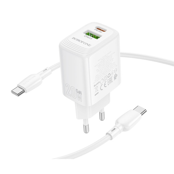 Сетевое зарядное устройство с кабелем BOROFONE BN27 Fuente PD20W+QC3.0 charger set (C to C) (EU) White