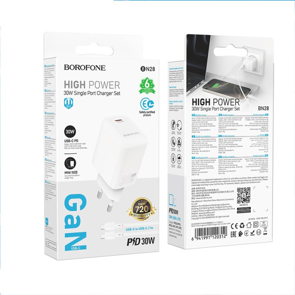Сетевое зарядное устройство с кабелем BOROFONE BN28 Fuente single port PD30W charger set (C to C) (EU) White