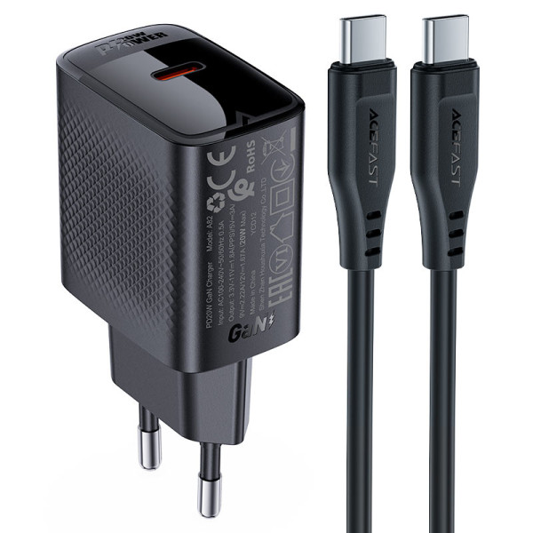 Сетевое зарядное устройство с кабелем ACEFAST A82 PD20W GaN single USB-C charger set (P5) (EU) Black