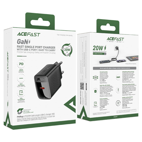 Сетевое зарядное устройство с кабелем ACEFAST A82 PD20W GaN single USB-C charger set (P5) (EU) Black