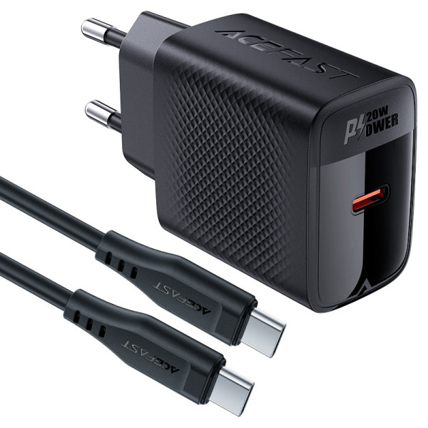 Сетевое зарядное устройство с кабелем ACEFAST A82 PD20W GaN single USB-C charger set (P5) (EU) Black