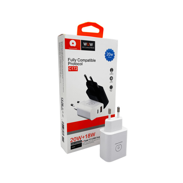 Мережевий зарядний пристрій WUW-C172 20W PD USB-C + USB QC3.0 18W white