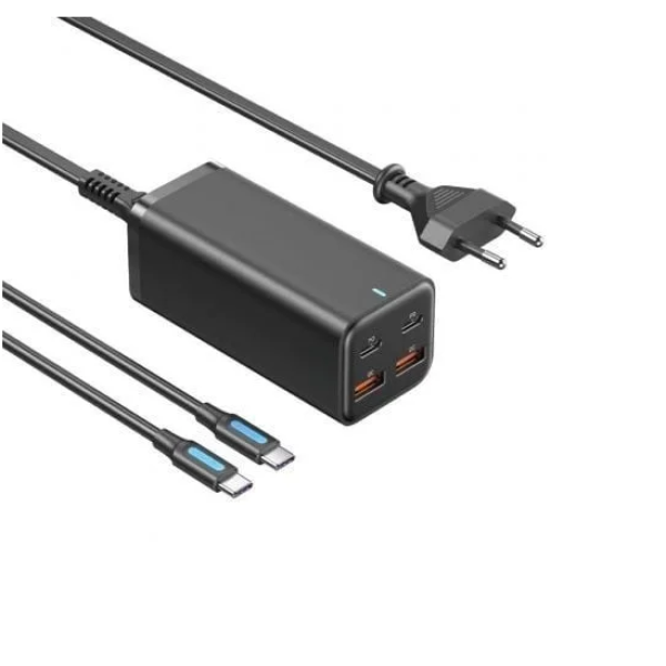 Сетевое зарядное устройство с кабелем Vention 4-Port USB (C+C+A+A) GaN Charger (100W/100W/18W/18W) EU-Plug Black