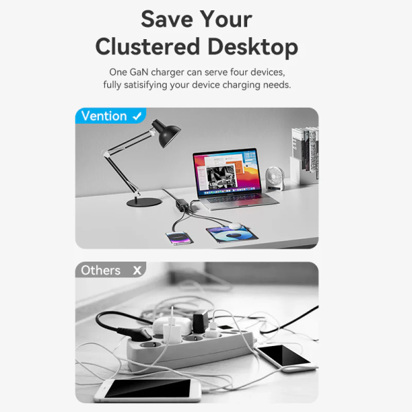 Сетевое зарядное устройство с кабелем Vention 4-Port USB (C+C+A+A) GaN Charger (100W/100W/18W/18W) EU-Plug Black