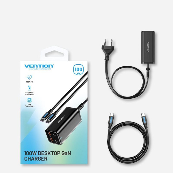 Сетевое зарядное устройство с кабелем Vention 4-Port USB (C+C+A+A) GaN Charger (100W/100W/18W/18W) EU-Plug Black