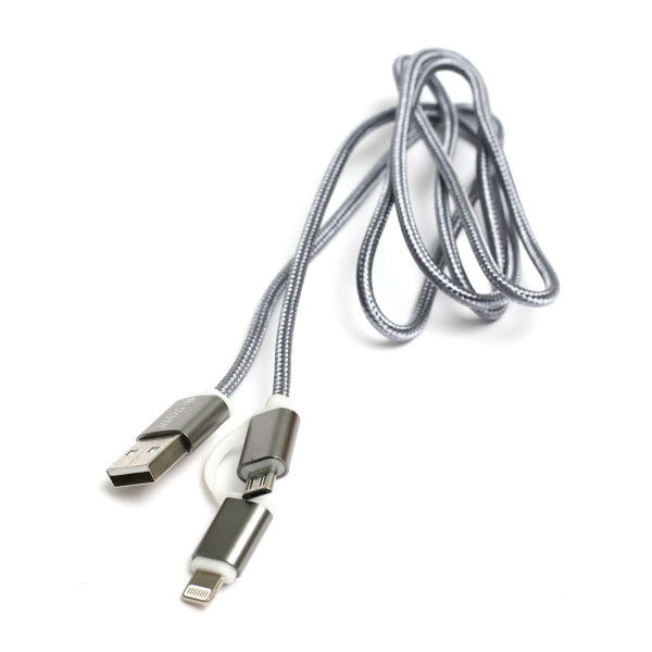 Кабель PowerPlant Quick Charge 2A 2-в-1 бавовняний USB 2.0 AM – Lightning/Micro 1м сірий