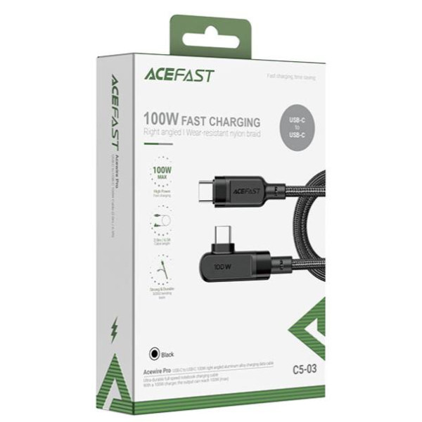 Кабель ACEFAST C5-03 Type-C до Type-C 5A, 100W, 2 м, нейлон, цинкові роз'єми, чорний