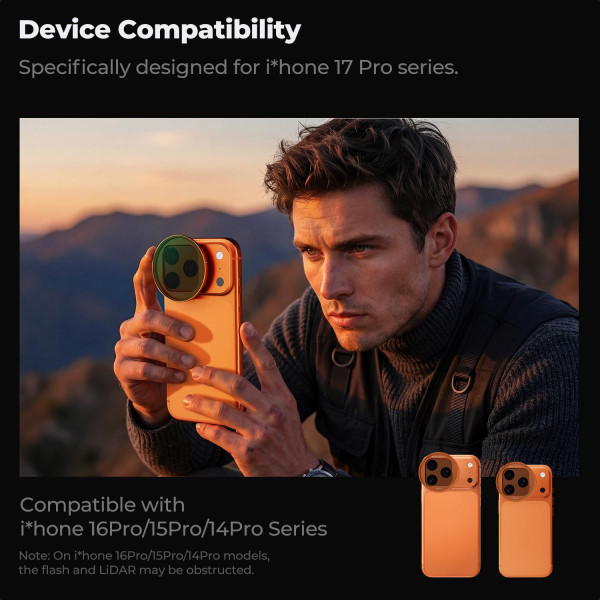 Змінний ND-фільтр K&F Concept FNA01 ND2–32 для iPhone 17 Pro/17 Pro Max із швидкознімним кріпленням та 28-шаровим покриттям (KF15.0049)