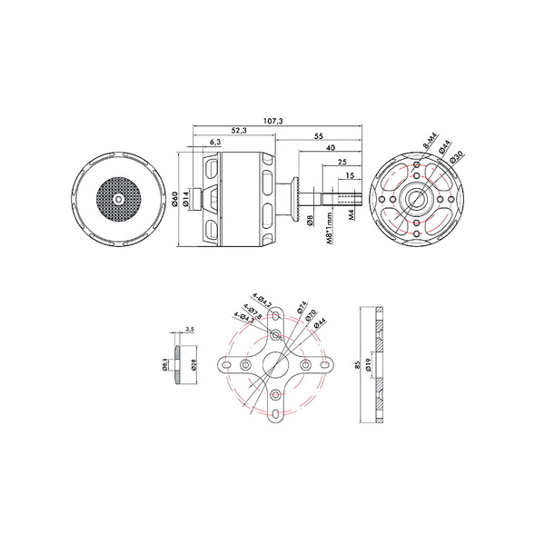 Мотор T-Motor AT5220A KV380 2200W 6S для самолетов 20-25CC
