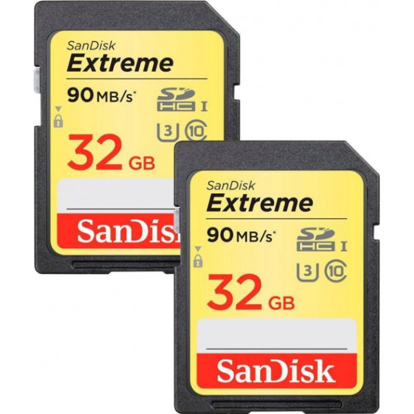 Карта пам'яті SDHC (UHS-1 U3) SanDisk Extreme 32 ГБ класу 10 (90 МБ/с, 600x) пакет з двох шт.