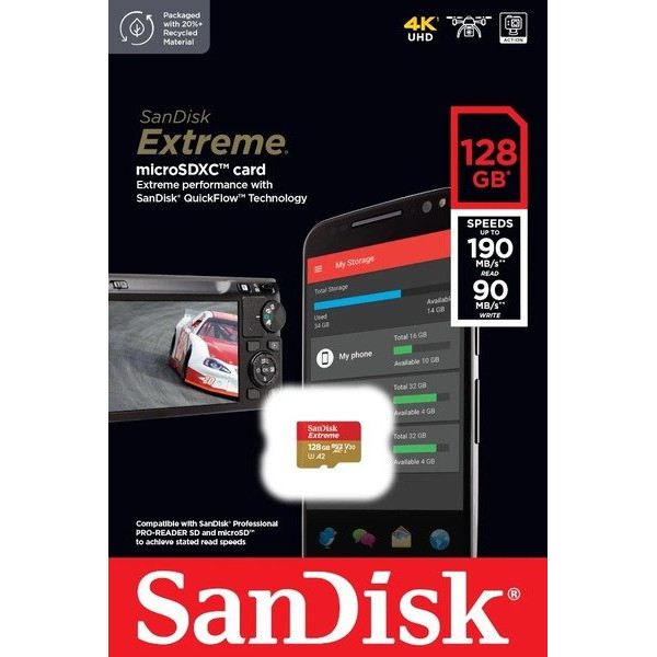 Карта пам'яті microSDXC (UHS-1 U3) SanDisk Extreme для мобільних ігор A2 128 ГБ класу 10 V30 (R190 МБ/с, W90 МБ/с)