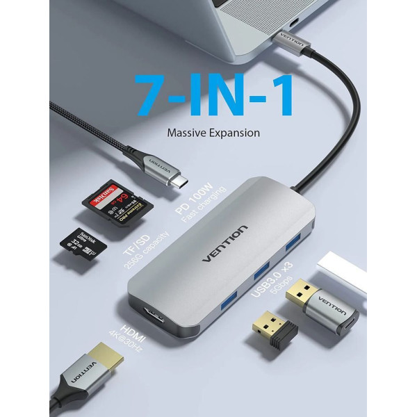USB-хаб Vention USB-C to HDMI/USB 3.0x3/SD/TF/PD Docking Station Gray 0.15M Aluminum Alloy Type