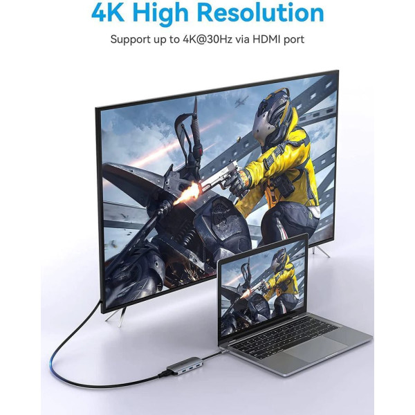 USB-хаб Vention USB-C to HDMI/USB 3.0x3/SD/TF/PD Docking Station Gray 0.15M Aluminum Alloy Type