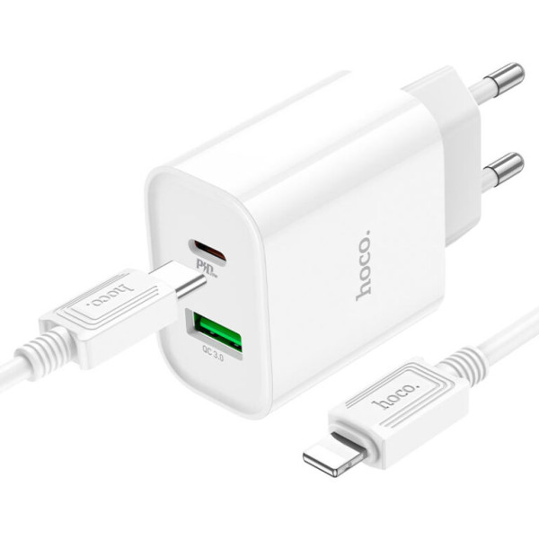 Сетевое зарядное устройство с кабелем HOCO C80A Plus Rapido PD20W+QC3.0 charger set(C to iP) White